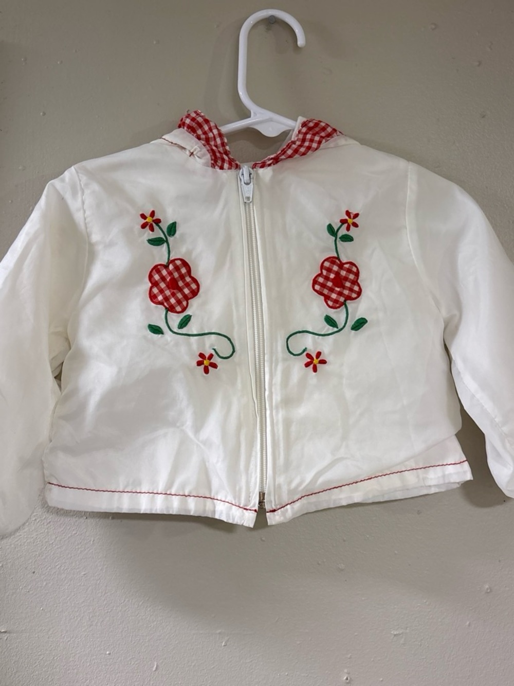 Vintage Children's White Jacket with Red Gingham Floral Embroidery